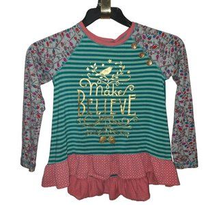 Matilda Jane multi print graphic Make Believe size 8 ruffle top button accents